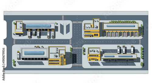 Top-down view of an industrial park and logistics complex. Features multiple commercial buildings, warehouses, shipping centers, delivery trucks, and vehicles on roads and parking areas