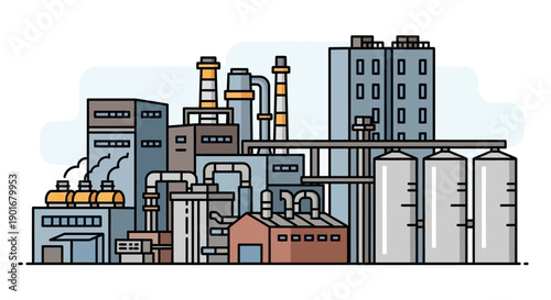 Modern vector illustration of an industrial factory complex, featuring various buildings, silos, and chimneys, representing manufacturing, production, and technological infrastructure