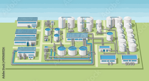 Modern industrial complex isometric illustration, showing a processing plant with multiple buildings, storage tanks, and intricate piping