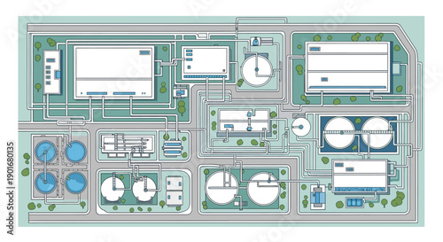 Detailed overhead illustration of an industrial processing plant, featuring multiple interconnected units, large tanks, and an extensive pipeline network for complex operations