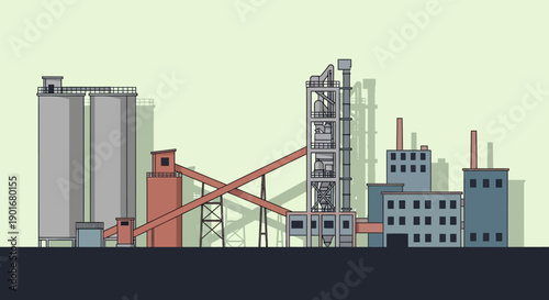 Industrial manufacturing complex with silos and machinery. Flat vector illustration of a modern factory plant for heavy material processing and production infrastructure