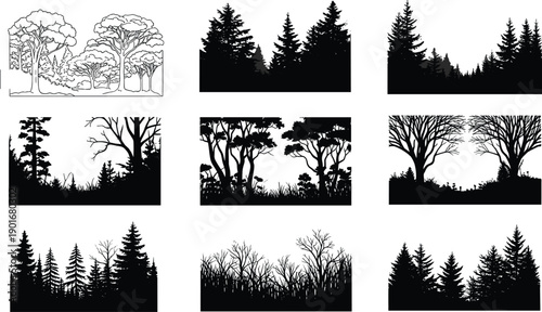 Forest silhouette illustration, black and white tree landscape, coniferous and deciduous woods, nature scene, artistic foliage, woodland composition