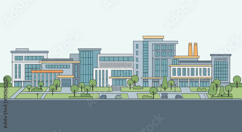 A contemporary urban landscape featuring a collection of modern architectural buildings, roads, and green spaces, illustrating a bustling business district or innovative technology campus