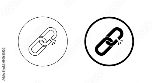 Broken chain link icon in circular outline. Hyperlink damage symbol