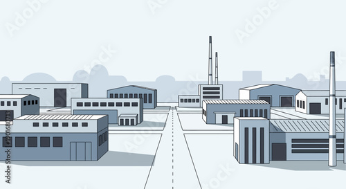 Modern Industrial Landscape with Factories and Production Facilities, featuring an Urban Infrastructure Road Leading Through a Bustling Manufacturing District Under a Clear Sky