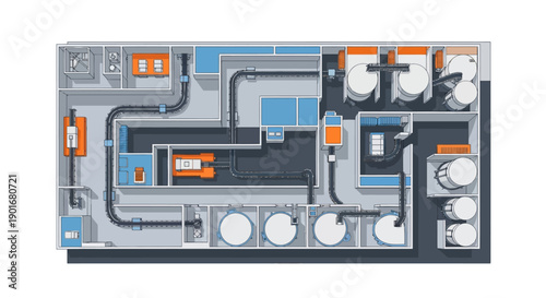 Detailed bird's-eye illustration of a modern industrial factory layout, showcasing automated production lines, storage tanks, and a streamlined processing system