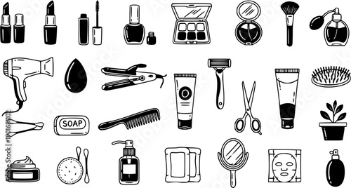 Beauty and Personal Care Outline Icons Set. Hand-drawn Doodle Collection of Cosmetic, Makeup, Hair, and Skincare Products in Black and White Line Art.