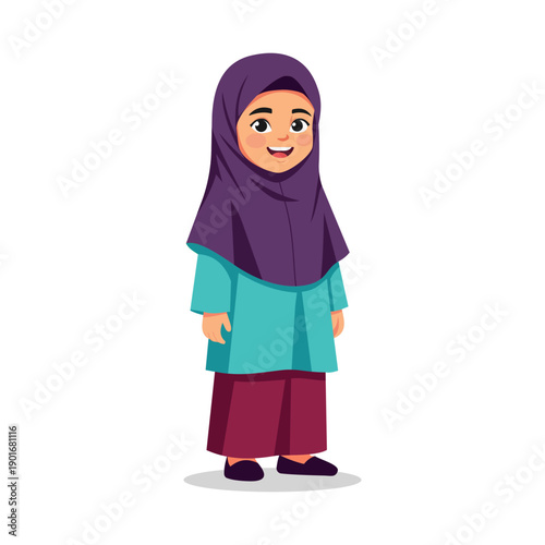 Flat vector illustration of a cute Muslim teenage girl cartoon character wearing hijab and modest traditional clothes, smiling happily.