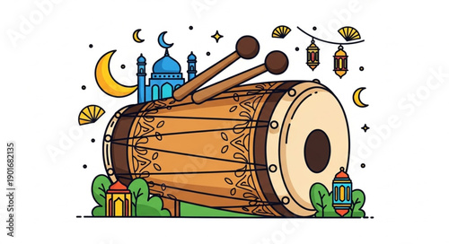Islamic Drum and Mosque Illustration for Ramadan Celebration.
