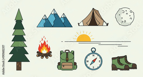 Outdoor camping and hiking adventure elements collection.