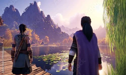 Animated Characters Standing on Dock Near Lake.