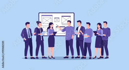 Flat vector illustration of professional tech team discussing product development, standing collaboration activity