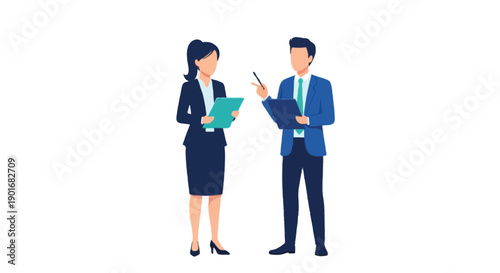 Flat vector illustration of professional business woman discussing project planning with colleague, standing meeting activity