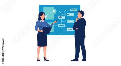 Flat vector illustration of professional business woman discussing project planning with colleague, standing meeting activity