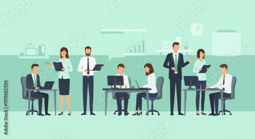 Flat vector illustration of professional business people performing daily office administration tasks