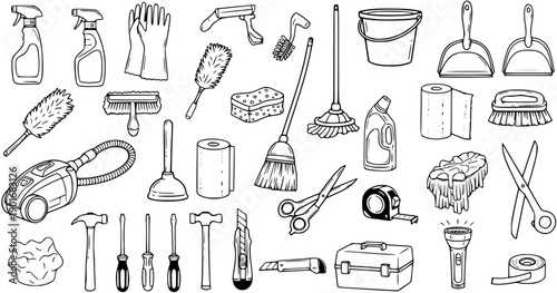 Black and White Line Art Collection of Home Maintenance Tools and Cleaning Supplies. Hand-Drawn Doodle Icons for Household Repair, DIY, and Housekeeping Equipment Set.