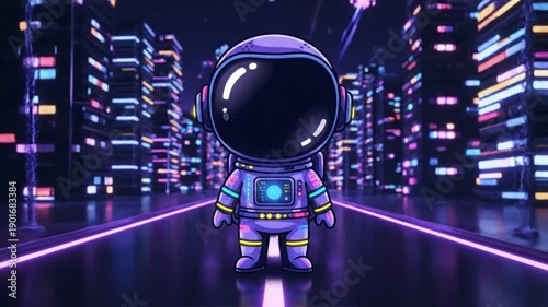 Cute Cartoon Astronaut Standing in a Neon-Lit Futuristic Cyberpunk City at Night