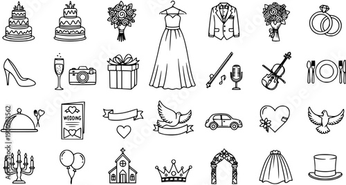 Elegant Black and White Line Art Wedding Icons Set. Outline symbols for marriage ceremony, celebration, cakes, rings, dress, and romantic event designs.