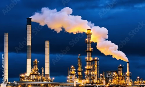 Industrial Oil Refinery at Night with Smoke.