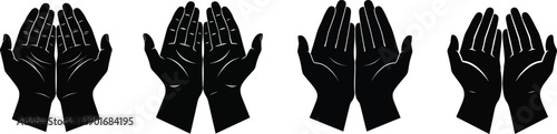 Vector illustration of four pairs of raised human hands in symmetrical praying gesture, depicted in black silhouette style on white background. Concept of worship, spirituality, devotion, and peaceful
