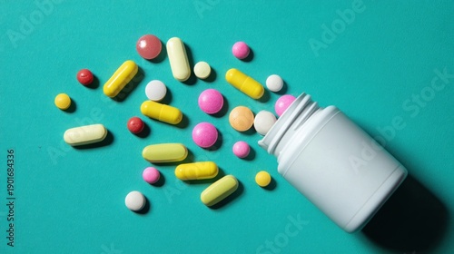 A colorful assortment of pills and capsules on a teal background.
