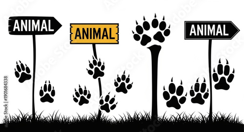 Animal paw prints and directional signs indicating animal paths.