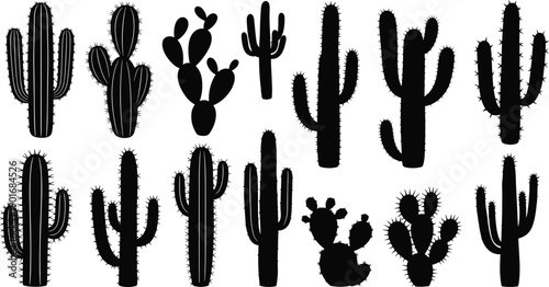 Black cactus silhouette set with desert plant icons isolated on white background vector collection for graphic design projects