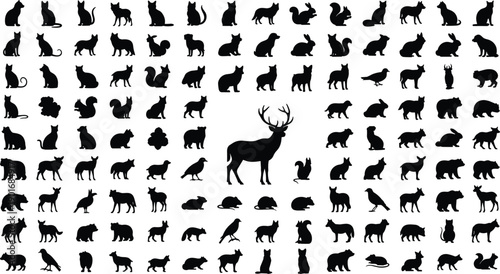 Large animal silhouette icon collection featuring pets and forest wildlife with deer centerpiece isolated on white background vector set