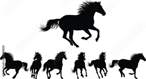 Running horse silhouette set with multiple poses wild stallion animal icons isolated on white background vector illustration for logo branding design