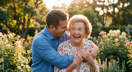 A grown son hugging his elderly mother who smiles happily in a blooming garden during a warm golden sunset afternoon