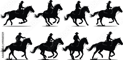 Set of cowboy riding horse silhouettes in motion sequence, western rider galloping animation frames isolated on white background
