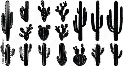 Set of cactus silhouettes collection desert plants succulents botanical elements isolated on white background vector illustration design pack graphics