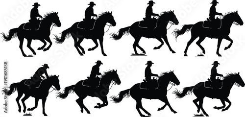 Set of cowboy riding horse silhouettes motion sequence western rider galloping animation frames isolated on white background vector illustration