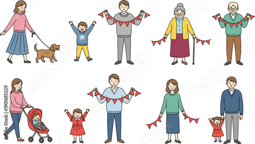 Happy family members of different ages celebrating together with flags, children and adults enjoying festive moments, cute illustration of joyful community life