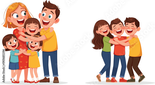 Happy family group hug, cheerful children hugging, joyful bonding moment, love and unity, smiling faces, emotional connection, togetherness, friendship