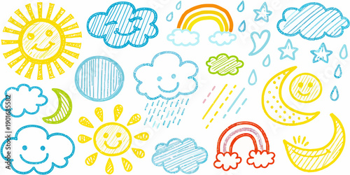 Kids pastel weather icon set with simple vector doodles for children's creative projects and designs.