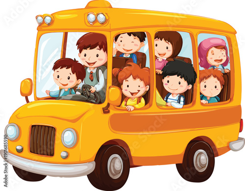 Happy children riding yellow school bus, cartoon illustration of kids going to school, smiling driver, education, transportation, fun travel scene