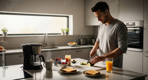 Man preparing simple breakfast in modern kitchen