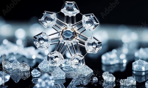 Closeup of Snowflake Crystals on Dark Background.