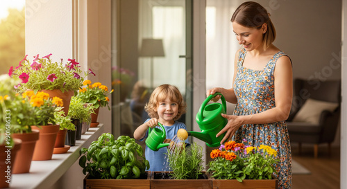 Mother watering plants in small home garden