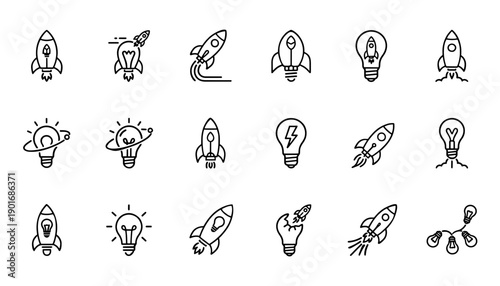 Collection of icons representing rockets, light bulbs, and innovation, perfect for startup and technology themes