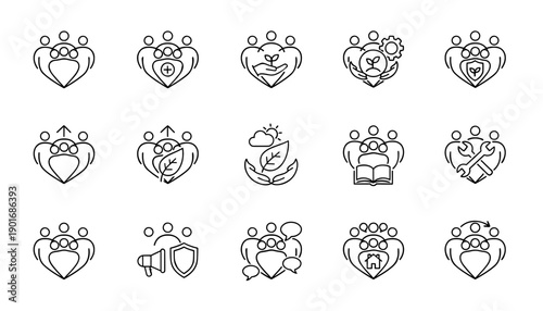 Collection of outline icons representing community engagement, teamwork, and collaborative solutions across social, business, and environmental initiatives