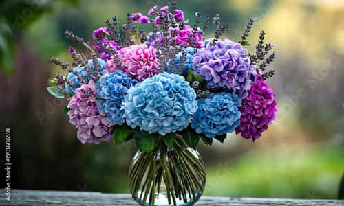 Colorful Hydrangea Flowers in Glass Vase.