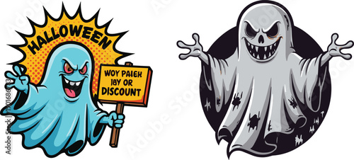 Halloween ghost illustration, spooky cartoon character, scary face, horror theme, festive design, creepy monster, haunted night, evil spirit, vector art, promotional banner