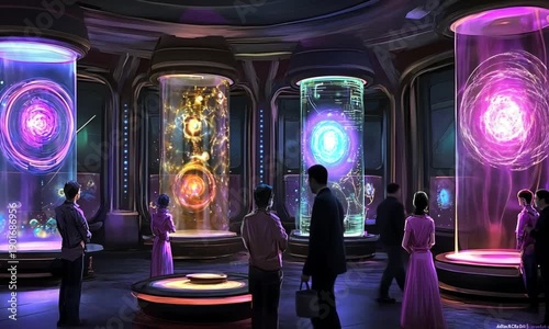 Futuristic Museum Visitors Viewing Holographic Displays.
