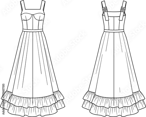Elegant tiered ruffle maxi dress flat sketch with structured bodice, wide straps, fitted waist, flowing skirt, detailed fashion technical illustration template