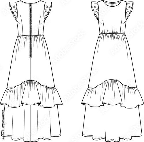 Elegant tiered ruffle maxi dress fashion sketch, sleeveless frill design, technical flat drawing for apparel design, clothing illustration template