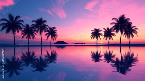 Moody tropical twilight scene with perfect silhouettes of palm trees outlined against gradient sky from neon pink to deep indigo, calm lagoon water creating mirror reflections of trees and sky,