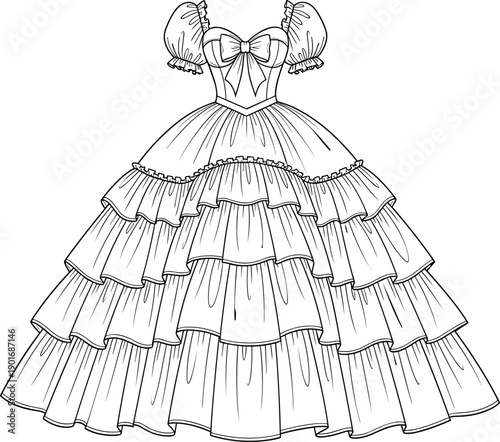 Elegant tiered ball gown dress fashion sketch with puff sleeves, corset bodice, oversized bow, ruffled layers, detailed garment illustration for designers