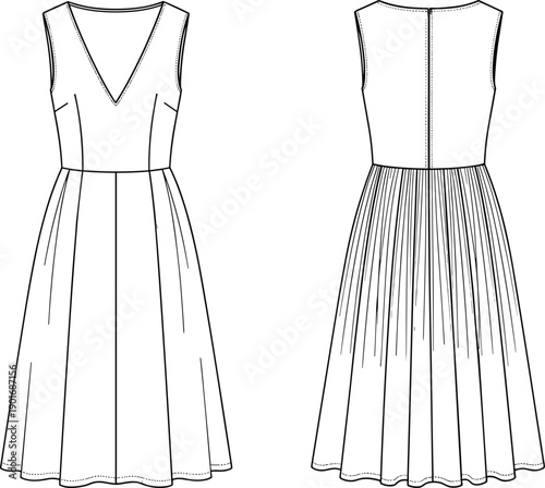 Elegant sleeveless V-neck midi dress fashion sketch with fitted bodice, flared skirt design, technical flat drawing for apparel designers, illustration